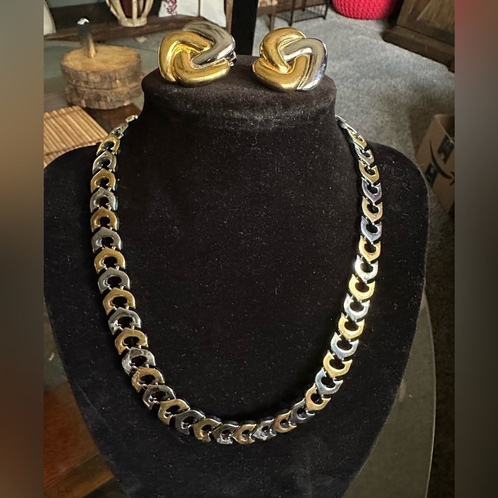 Vintage two-tone, heavy gold and silver necklace matching real Carolee earings